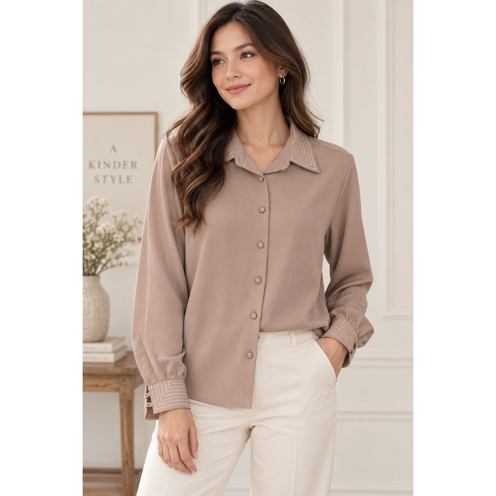 Vintage Yves St. Clair Taupe Button Up Blouse Stitched Collar Cuffs Size 12